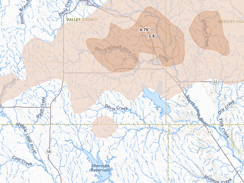 Radar-estimated hail-size map of the storm over North Loup, NE on Aug 12, 2026