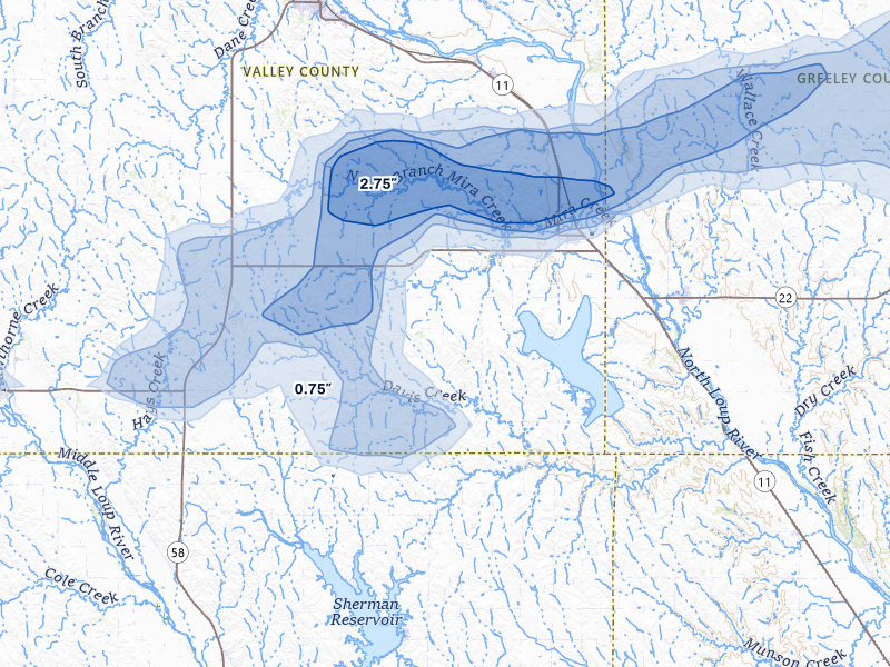 NEXRAD radar-signature map of the hail storm over North Loup, NE on Aug 12, 2026