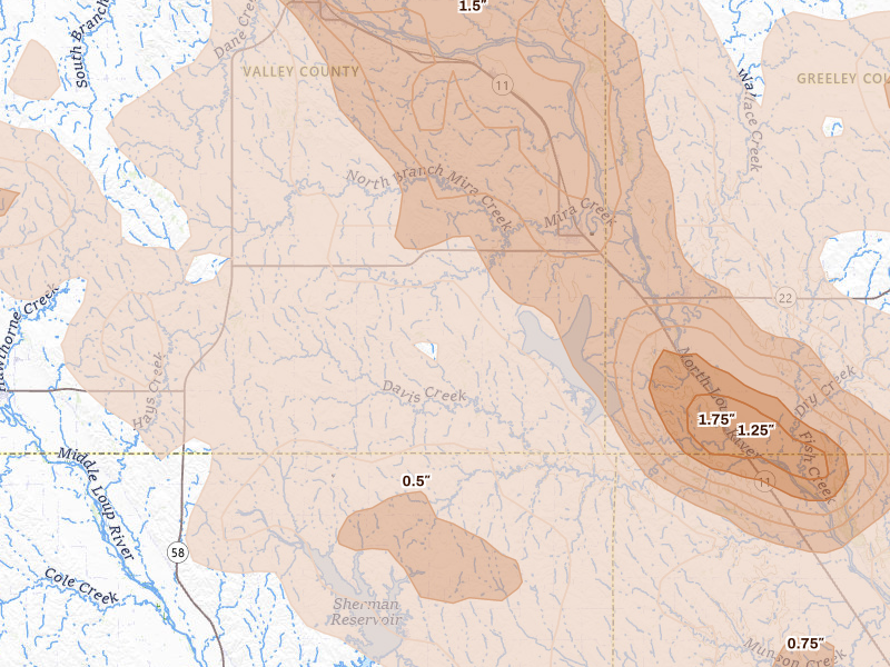 Radar-estimated hail-size map of the storm over North Loup, NE on Aug 17, 2026