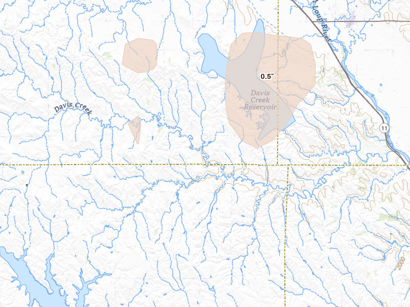 Radar-estimated hail-size map of the storm over North Loup, NE on Aug 19, 2026