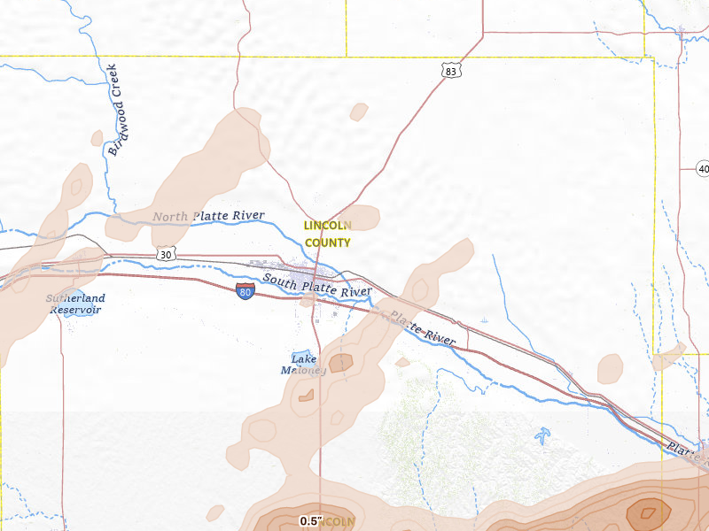 Radar-estimated hail-size map of the storm over North Platte, NE on May 16, 2026