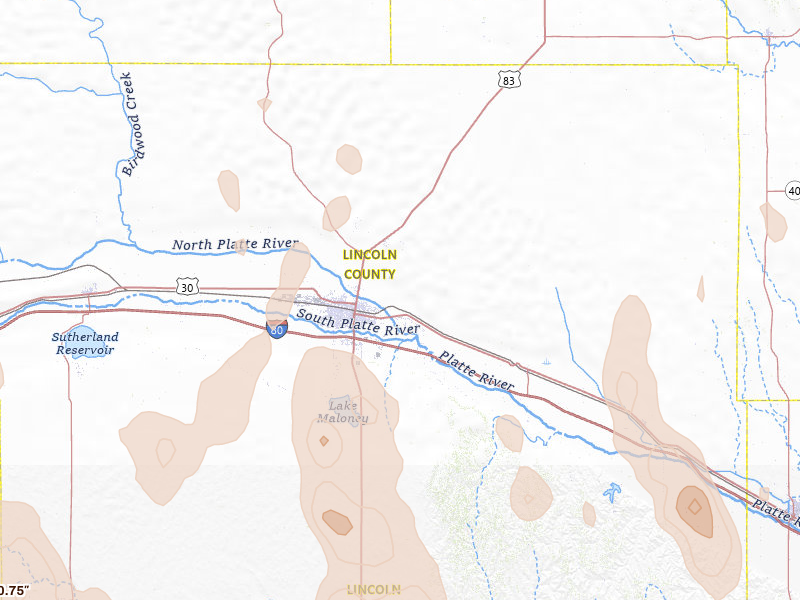 Radar-estimated hail-size map of the storm over North Platte, NE on May 30, 2026