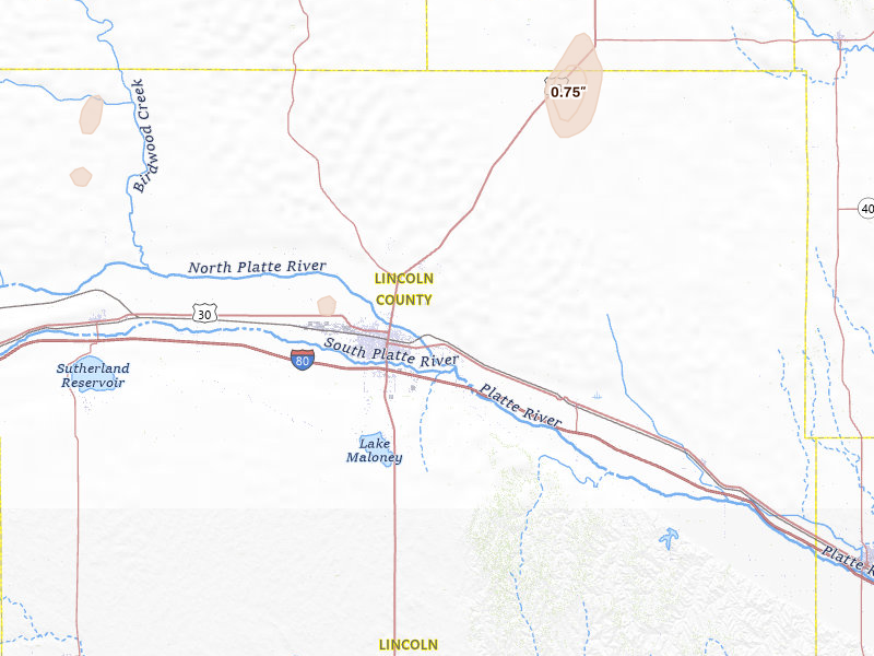 Radar-estimated hail-size map of the storm over North Platte, NE on Jun 1, 2026