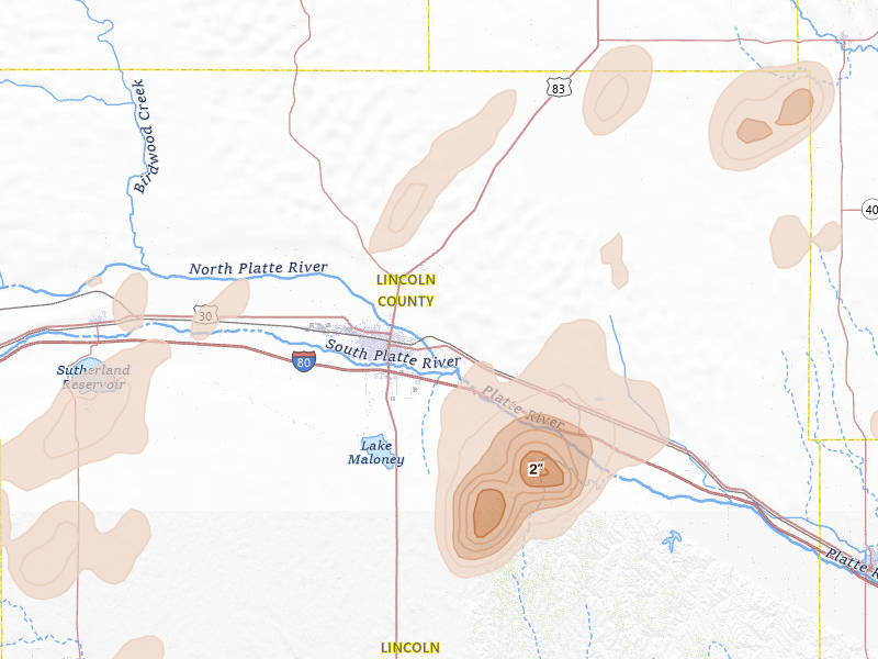 Radar-estimated hail-size map of the storm over North Platte, NE on Jun 8, 2026