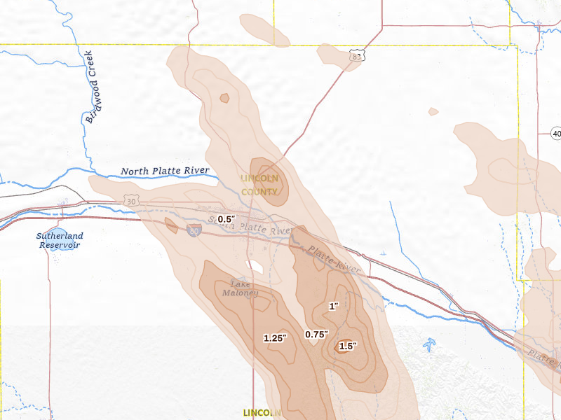 Radar-estimated hail-size map of the storm over North Platte, NE on Jun 24, 2026