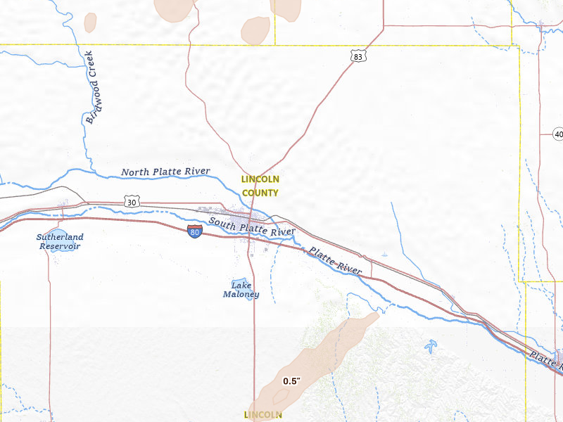 Radar-estimated hail-size map of the storm over North Platte, NE on Jun 30, 2026