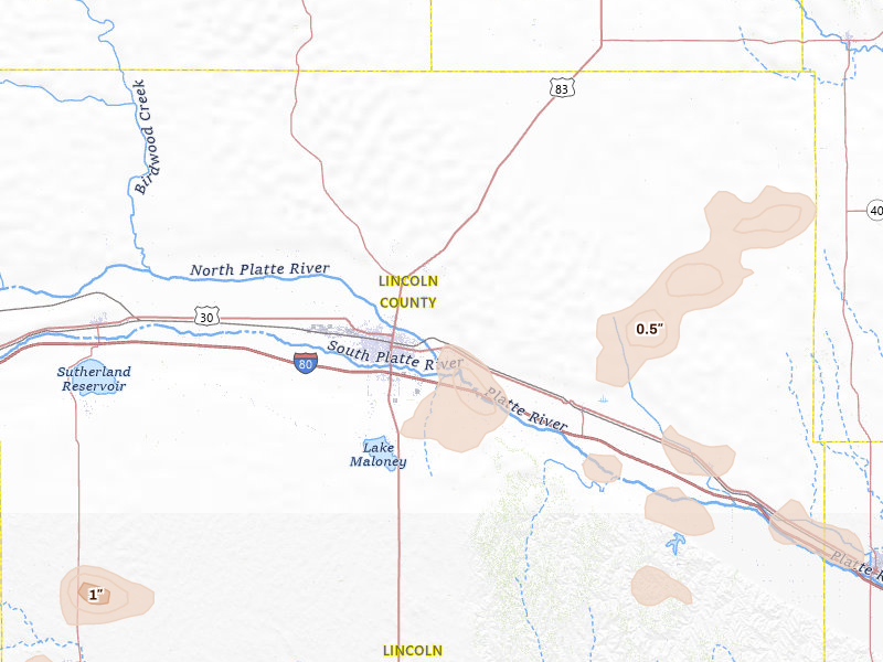 Radar-estimated hail-size map of the storm over North Platte, NE on Jul 8, 2026