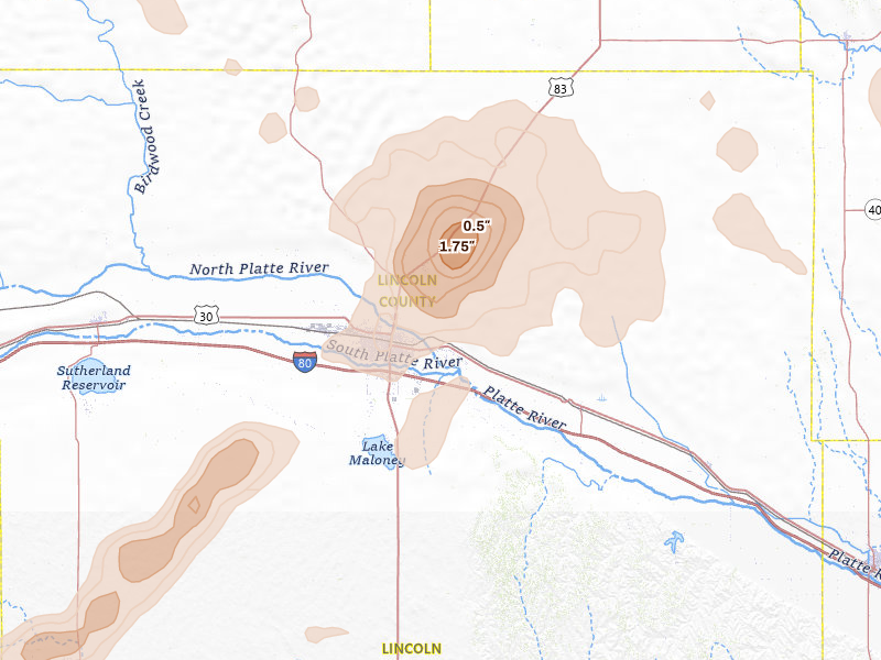 Radar-estimated hail-size map of the storm over North Platte, NE on Jul 9, 2026