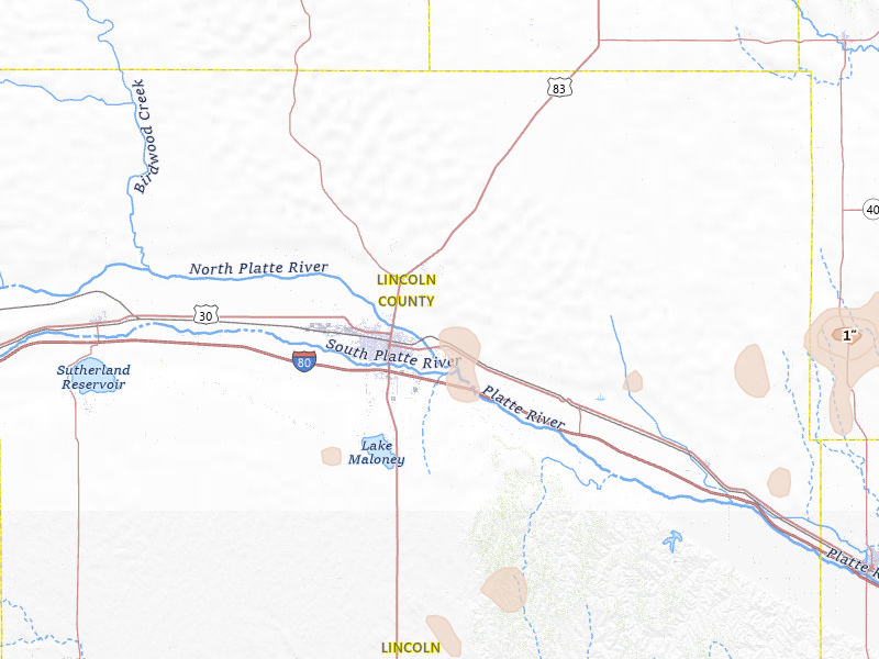 Radar-estimated hail-size map of the storm over North Platte, NE on Jul 28, 2026