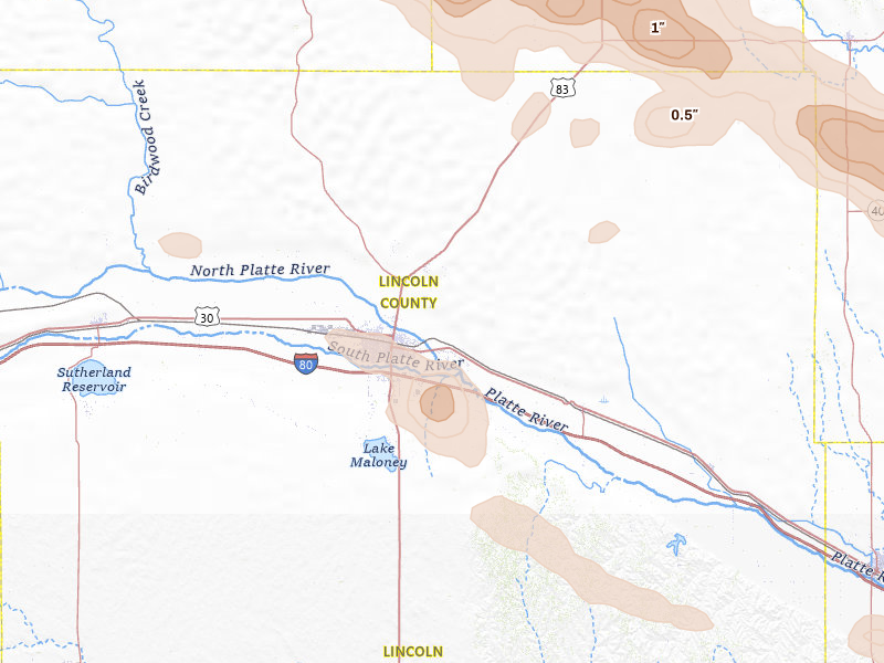 Radar-estimated hail-size map of the storm over North Platte, NE on Jul 30, 2026