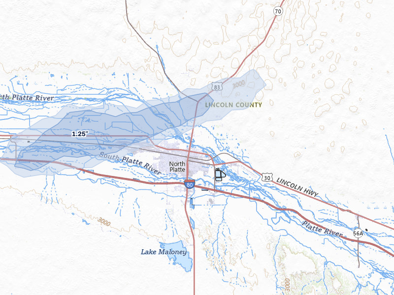 NEXRAD radar-signature map of the hail storm over North Platte, NE on Aug 4, 2026