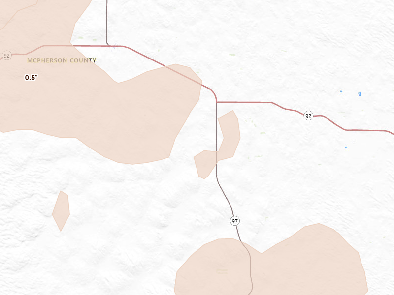 Radar-estimated hail-size map of the storm over North Platte, NE on Aug 24, 2026