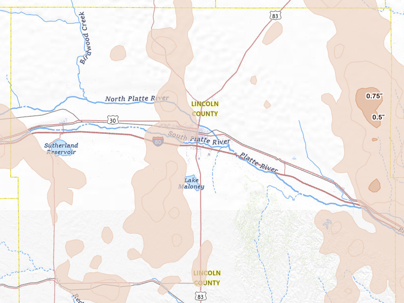Radar-estimated hail-size map of the storm over North Platte, NE on Aug 27, 2026
