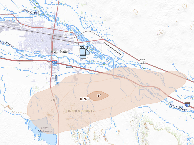 Radar-estimated hail-size map of the storm over North Platte, NE on Aug 28, 2026