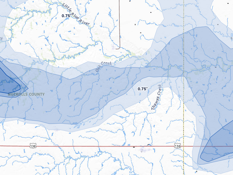 NEXRAD radar-signature map of the hail storm over Oak, NE on May 16, 2026