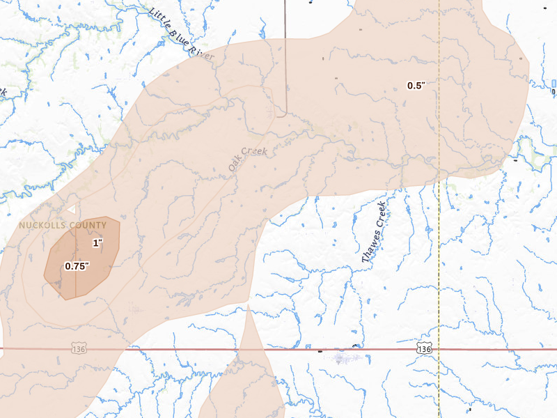 Radar-estimated hail-size map of the storm over Oak, NE on Jun 5, 2026