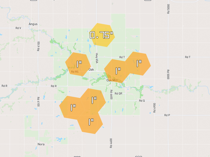 Hail map of Oak, NE on Jun 6, 2026, hail up to 1"