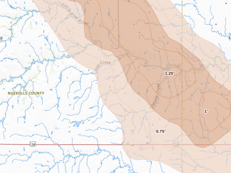 Radar-estimated hail-size map of the storm over Oak, NE on Jun 20, 2026