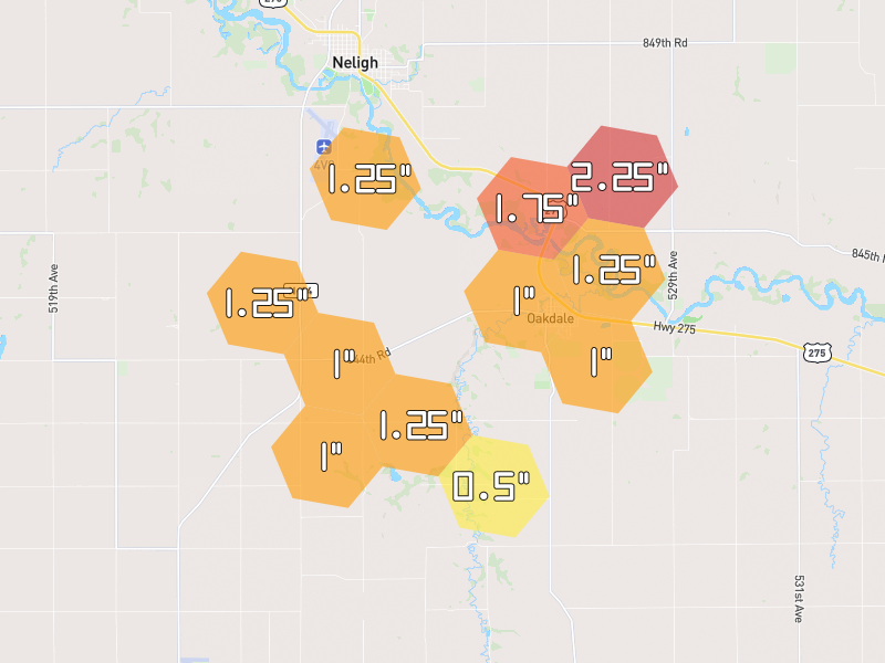 Hail map of Oakdale, NE on Jun 30, 2026, hail up to 2.25"
