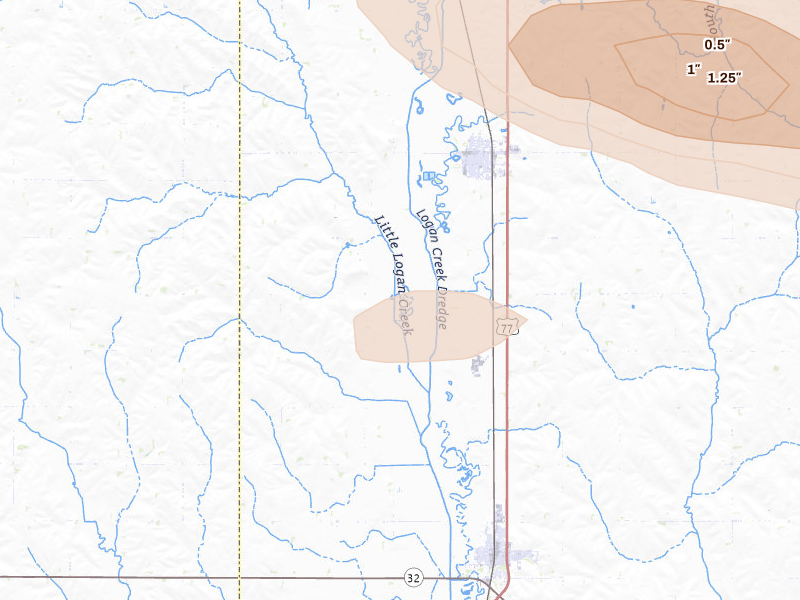 Radar-estimated hail-size map of the storm over Oakland, NE on May 31, 2026