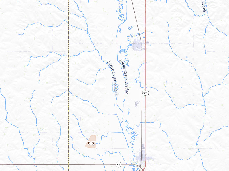 Radar-estimated hail-size map of the storm over Oakland, NE on Jun 9, 2026