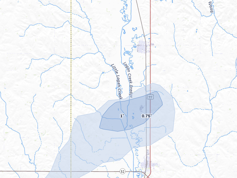 NEXRAD radar-signature map of the hail over Oakland, NE