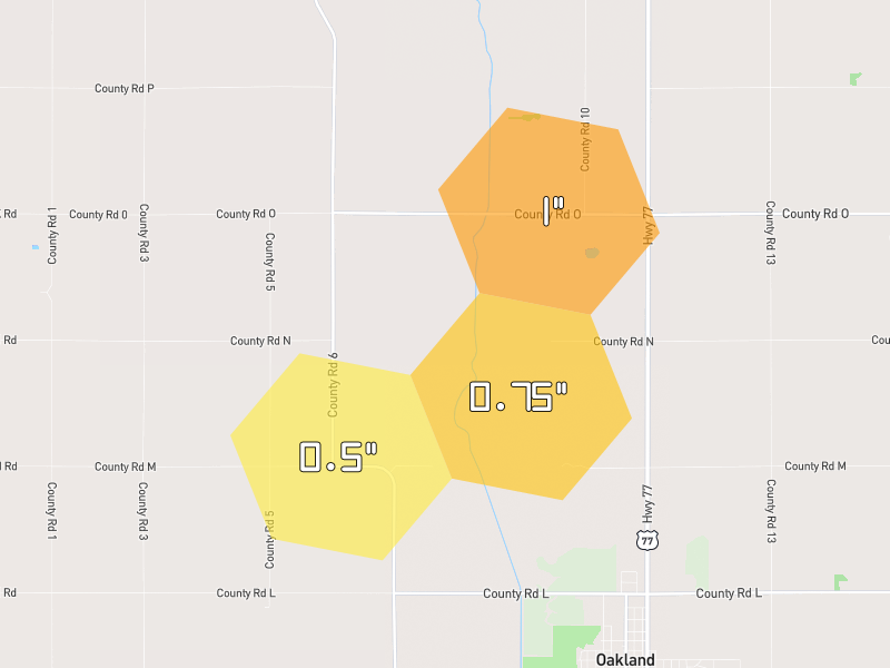 Hail map of Oakland, NE on Jul 3, 2026, hail up to 1"