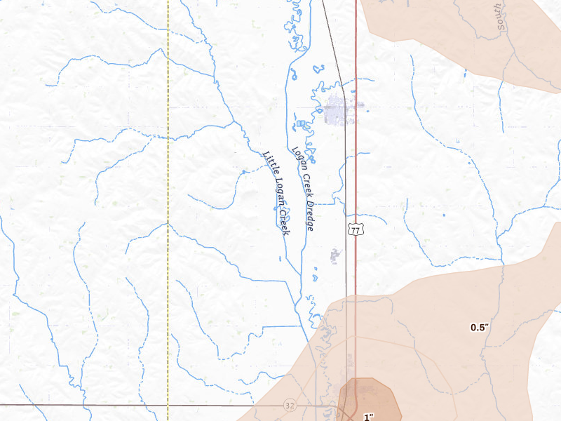 Radar-estimated hail-size map of the storm over Oakland, NE on Jul 8, 2026