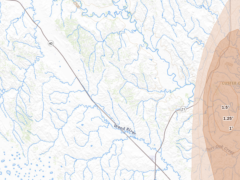 Radar-estimated hail-size map of the storm over Oconto, NE on May 16, 2026