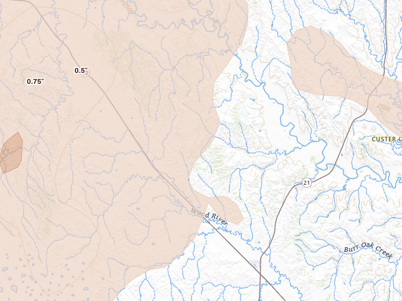 Radar-estimated hail-size map of the storm over Oconto, NE on Jul 27, 2026