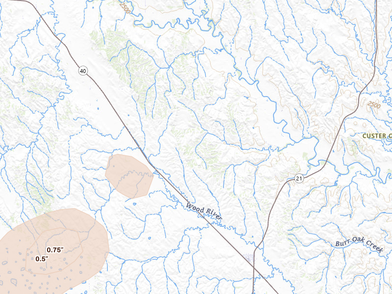 Radar-estimated hail-size map of the storm over Oconto, NE on Jul 28, 2026