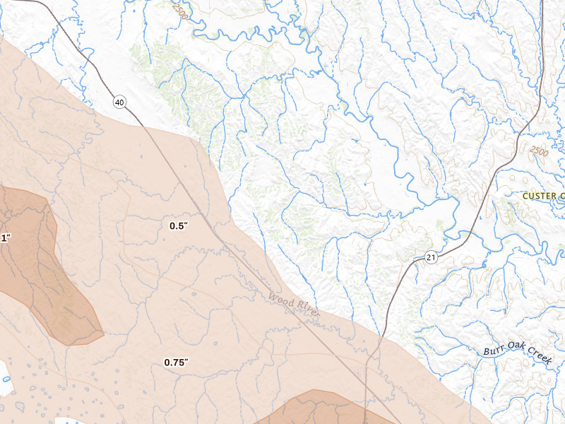 Radar-estimated hail-size map of the storm over Oconto, NE on Jul 30, 2026