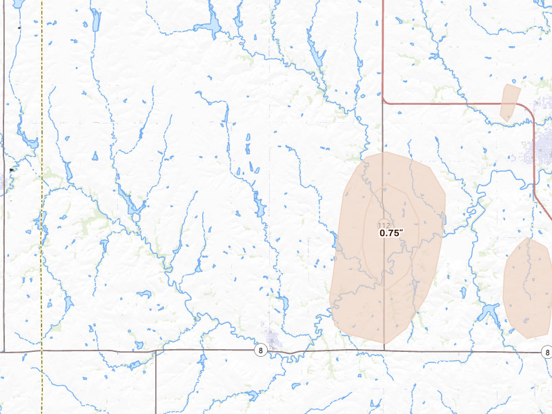 Radar-estimated hail-size map of the storm over Odell, NE on May 16, 2026