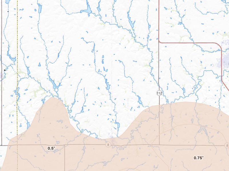 Radar-estimated hail-size map of the storm over Odell, NE on May 17, 2026