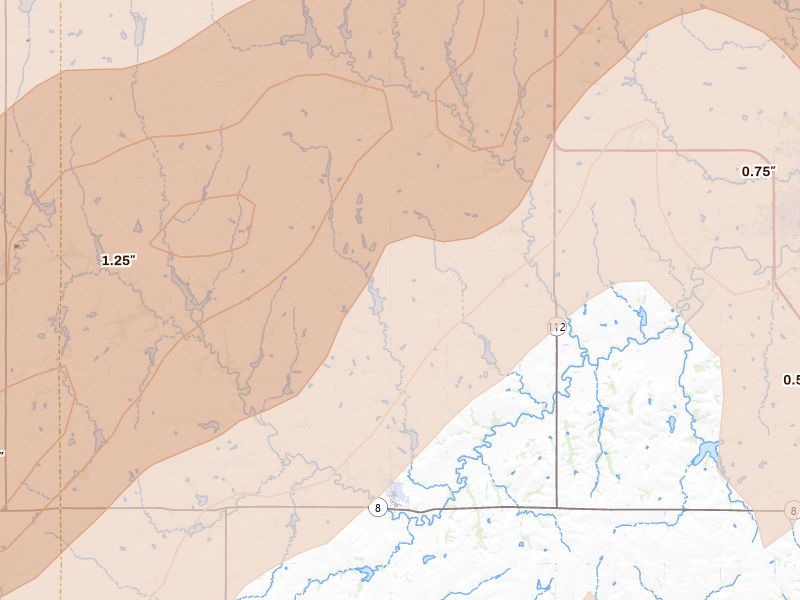 Radar-estimated hail-size map of the storm over Odell, NE on May 18, 2026