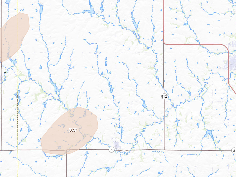 Radar-estimated hail-size map of the storm over Odell, NE on Jun 5, 2026