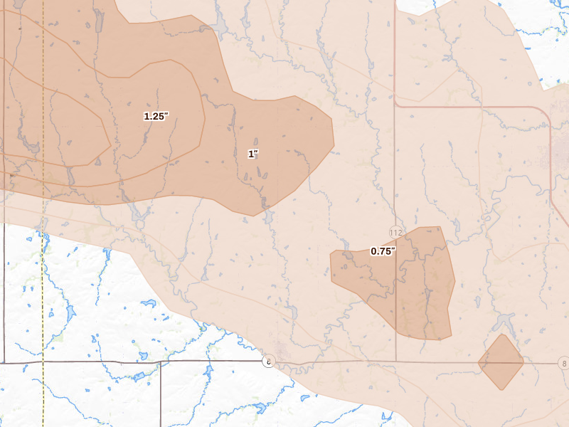 Radar-estimated hail-size map of the storm over Odell, NE on Jun 20, 2026
