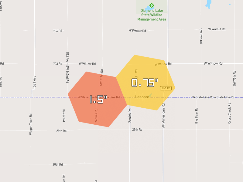 Hail map of Odell, NE on Jul 4, 2026, hail up to 1.5"