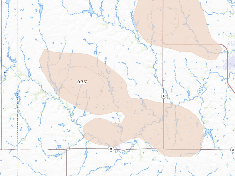 Radar-estimated hail-size map of the storm over Odell, NE on Aug 6, 2026