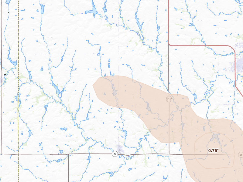 Radar-estimated hail-size map of the storm over Odell, NE on Aug 19, 2026