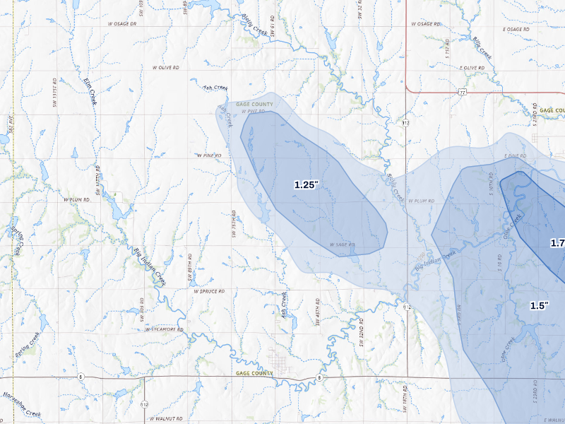 NEXRAD radar-signature map of the hail storm over Odell, NE on Aug 19, 2026