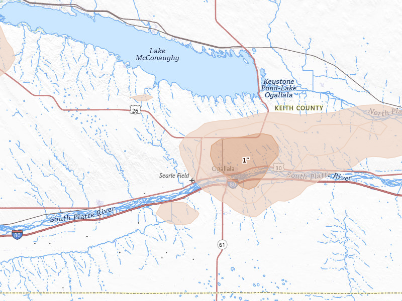 Radar-estimated hail-size map of the storm over Ogallala, NE on Aug 17, 2026