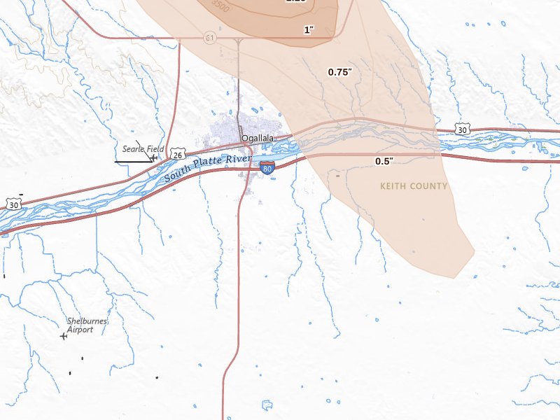 Radar-estimated hail-size map of the storm over Ogallala, NE on Aug 27, 2026