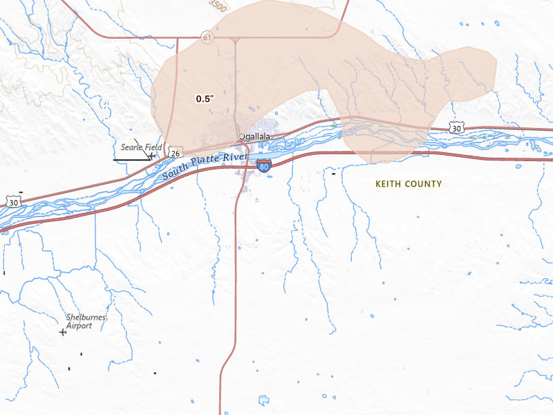 Radar-estimated hail-size map of the storm over Ogallala, NE on Aug 28, 2026