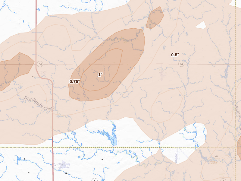 Radar-estimated hail-size map of the storm over Ohiowa, NE on Apr 25, 2026