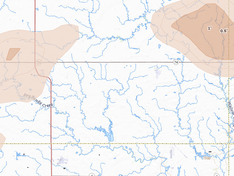 Radar-estimated hail-size map of the storm over Ohiowa, NE on May 15, 2026