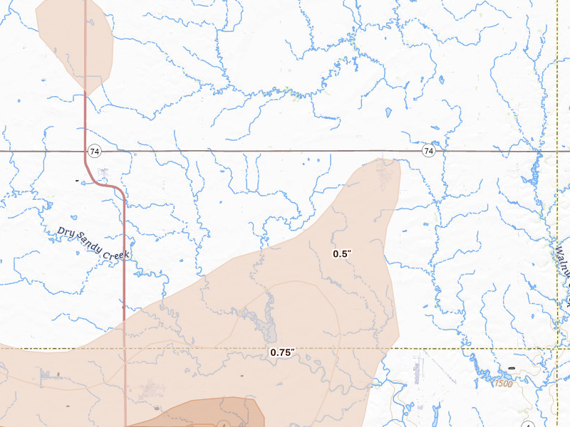Radar-estimated hail-size map of the storm over Ohiowa, NE on May 16, 2026