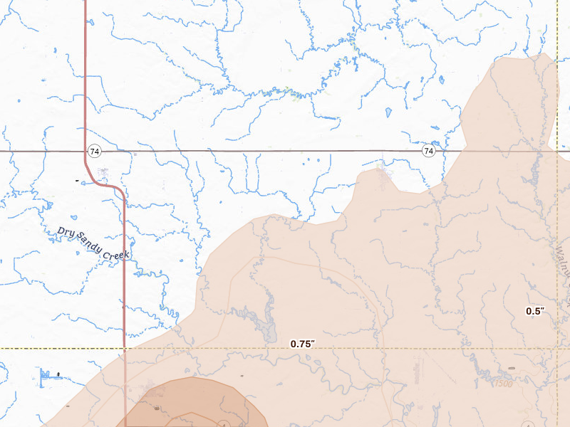 Radar-estimated hail-size map of the storm over Ohiowa, NE on May 17, 2026