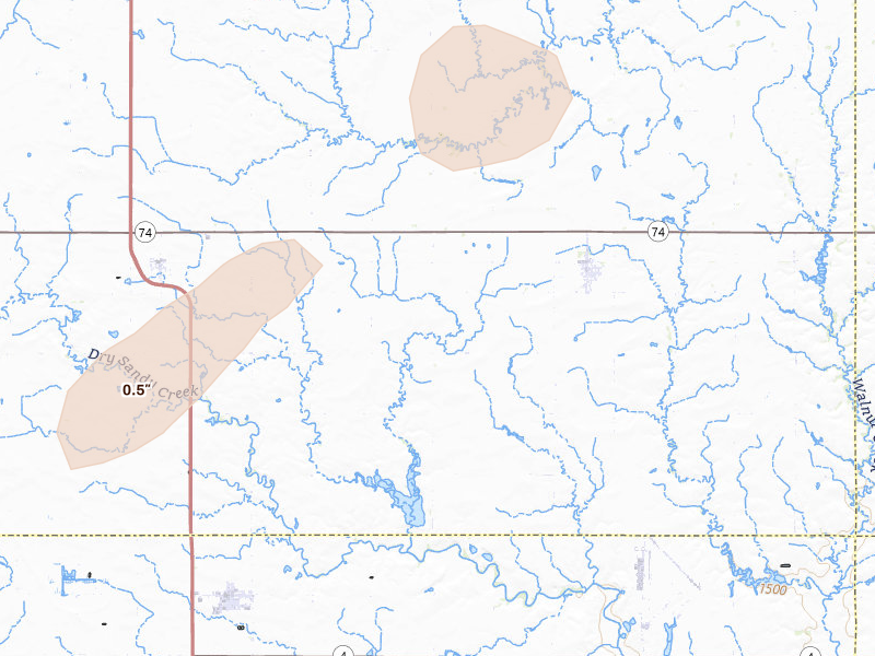 Radar-estimated hail-size map of the storm over Ohiowa, NE on May 18, 2026