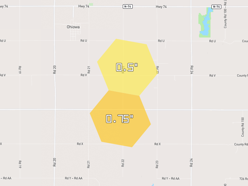 Hail map of Ohiowa, NE on Jun 5, 2026, hail up to 0.75"
